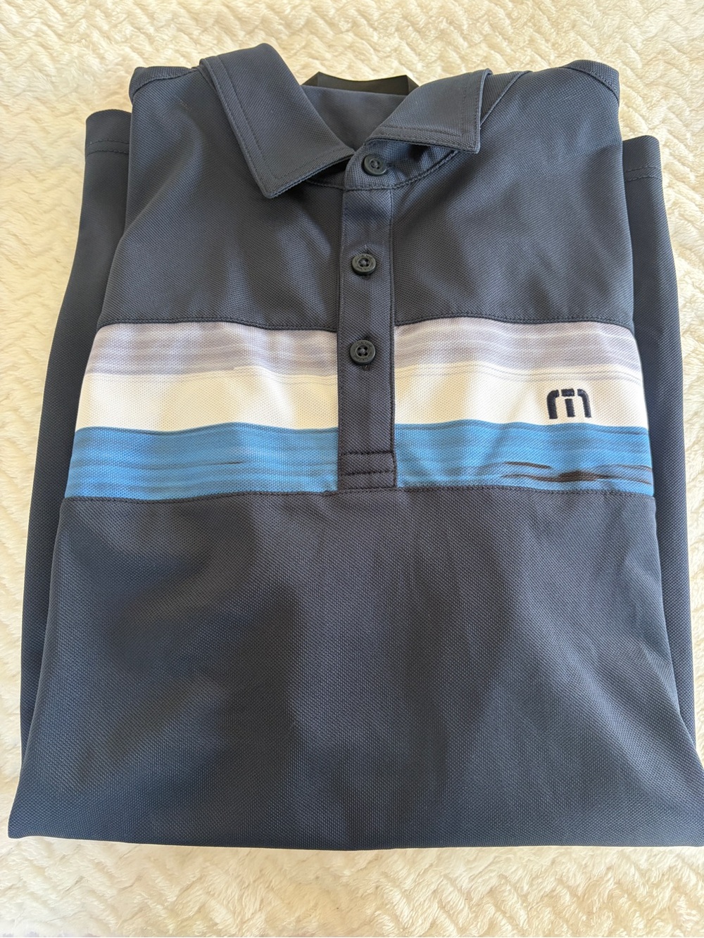 Travis Matthew Men's Navy Polo with Blue and White Stripe